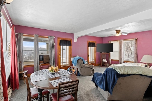 carpeted bedroom with multiple windows, a baseboard heating unit, and a textured ceiling