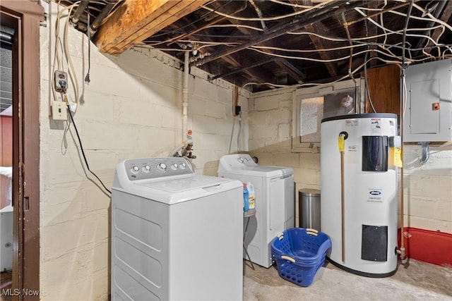 laundry room featuring washing machine and clothes dryer, electric panel, and water heater