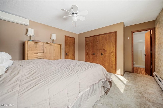 carpeted bedroom with ceiling fan, a wall unit AC, and a baseboard radiator