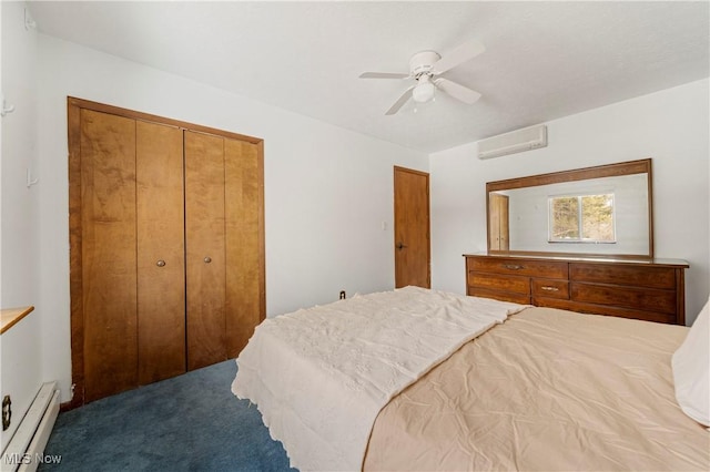 carpeted bedroom with ceiling fan, an AC wall unit, a closet, and a baseboard heating unit