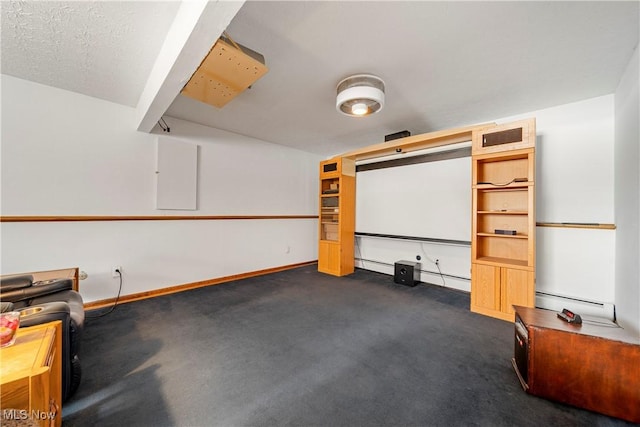 carpeted cinema room featuring a baseboard radiator and electric panel