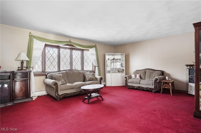 carpeted living room featuring baseboard heating