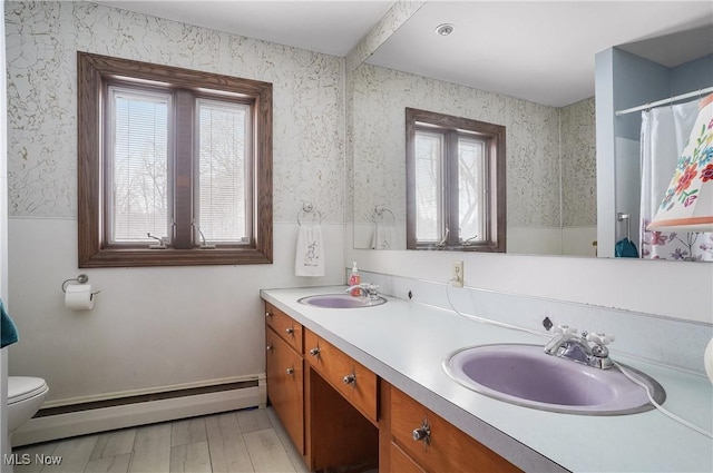 bathroom featuring hardwood / wood-style flooring, vanity, baseboard heating, and toilet