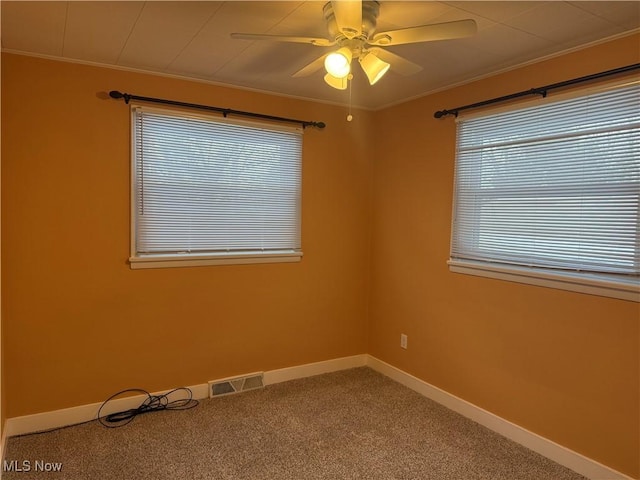 spare room featuring crown molding, ceiling fan, and carpet