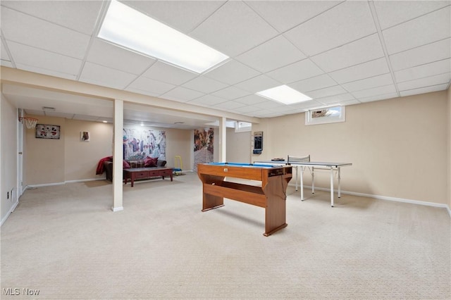 recreation room featuring billiards, carpet, and a drop ceiling