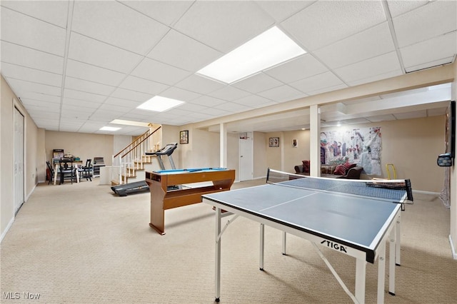 recreation room featuring a paneled ceiling, pool table, and carpet floors