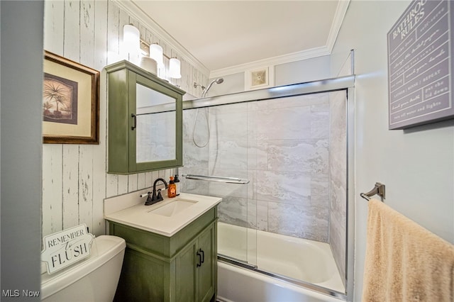 full bathroom with vanity, crown molding, enclosed tub / shower combo, and toilet