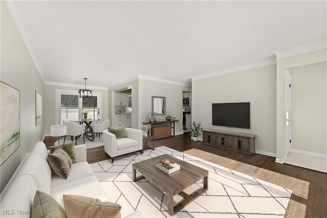 living room with crown molding and light wood-type flooring