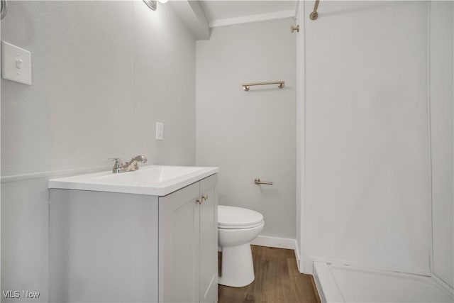 bathroom with vanity, toilet, and hardwood / wood-style floors