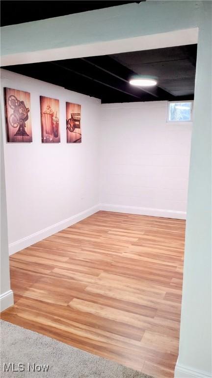 basement with hardwood / wood-style floors