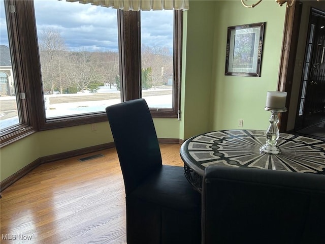 dining space featuring light wood-style floors, visible vents, and baseboards