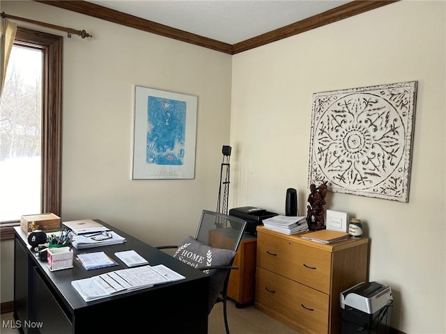 home office featuring ornamental molding