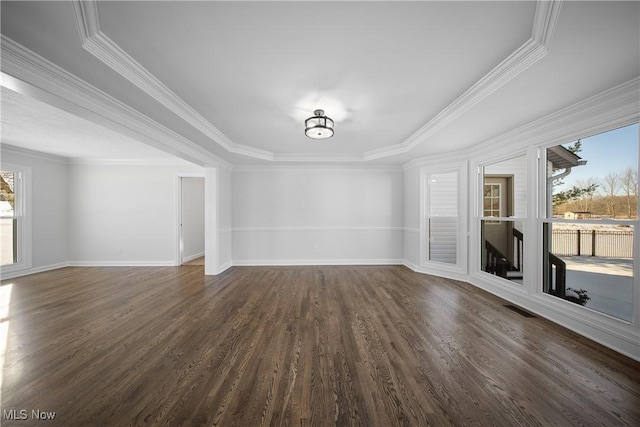 interior space featuring dark wood-type flooring, ornamental molding, and a healthy amount of sunlight