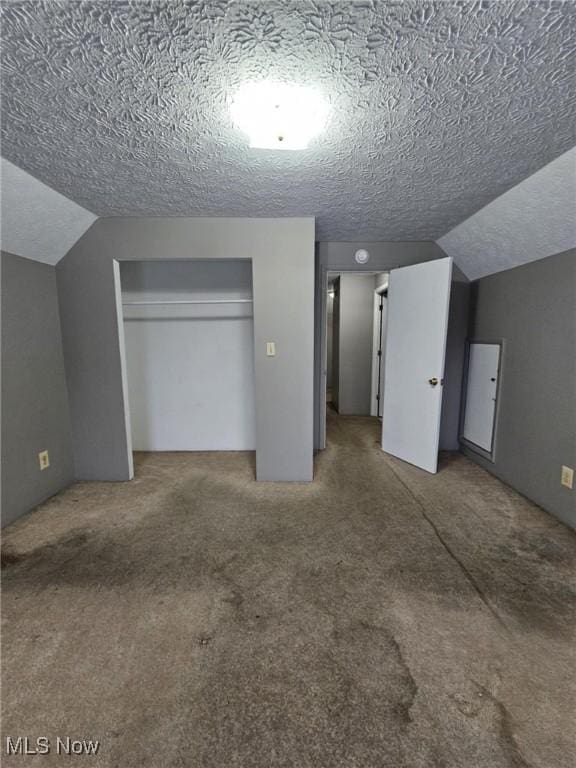 additional living space featuring lofted ceiling, a textured ceiling, and carpet