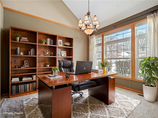 home office featuring vaulted ceiling, a chandelier, and carpet flooring