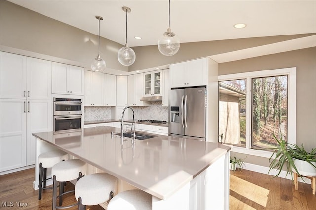 kitchen with white cabinetry, lofted ceiling, appliances with stainless steel finishes, and a kitchen island with sink