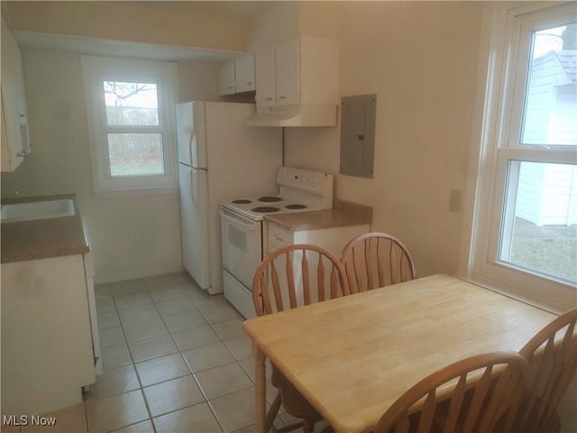 kitchen featuring white cabinetry, white appliances, electric panel, and a wealth of natural light