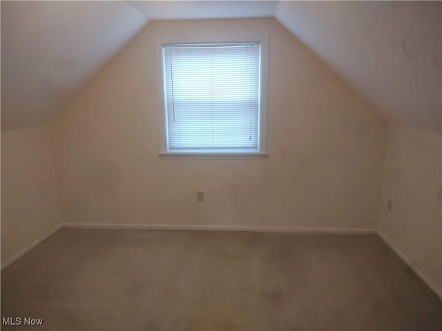 additional living space featuring lofted ceiling and carpet floors