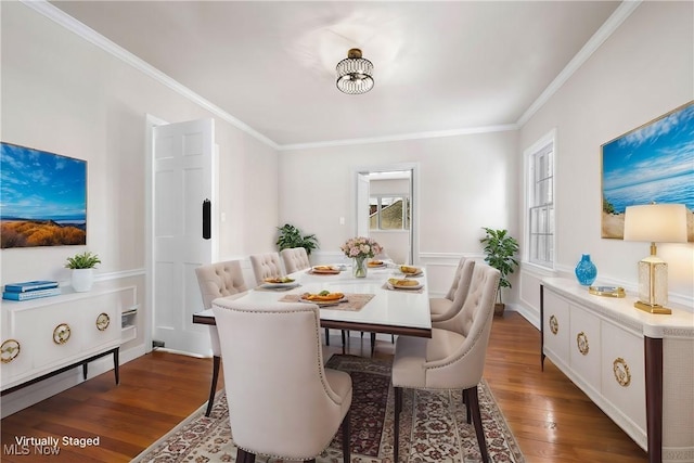 dining area with crown molding and dark hardwood / wood-style floors