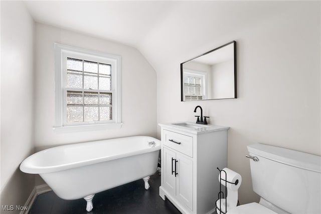 bathroom with vanity, vaulted ceiling, toilet, and a bathing tub