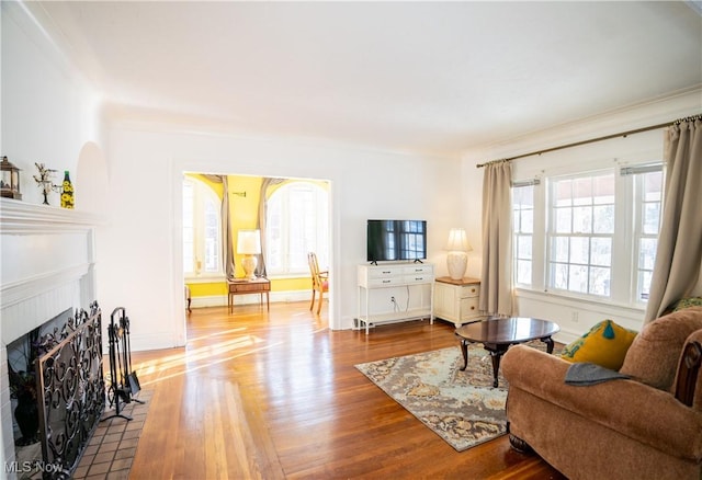 living room with crown molding and light hardwood / wood-style flooring