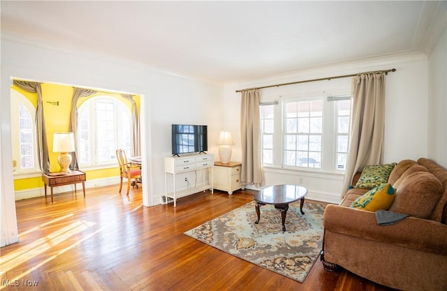 living room with ornamental molding and wood-type flooring