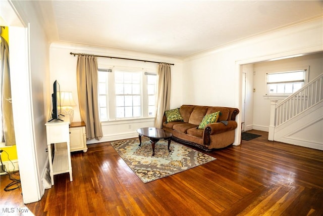 living room featuring ornamental molding and dark hardwood / wood-style floors