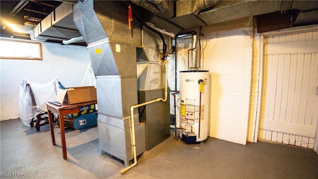 utility room with gas water heater and heating unit