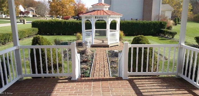 5420 Cloisters Dr, Canfield, OH 44406 - wooden terrace with a gazebo and a lawn
