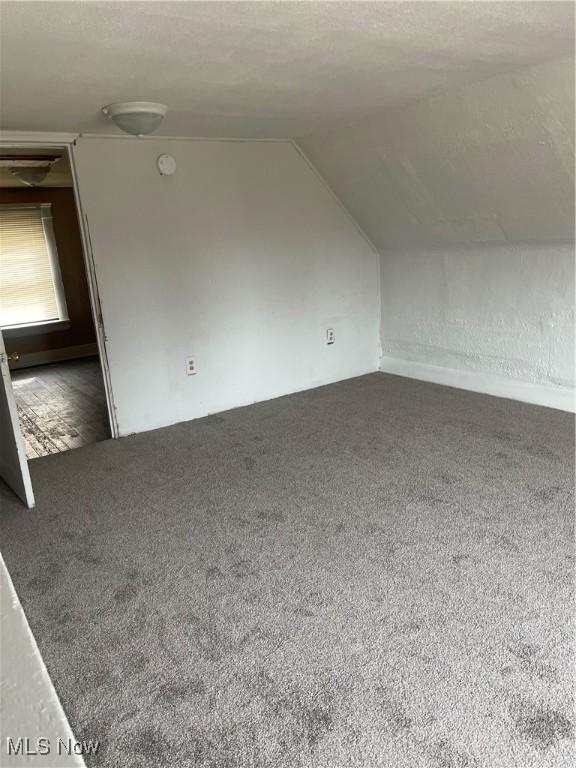 additional living space featuring dark colored carpet and lofted ceiling