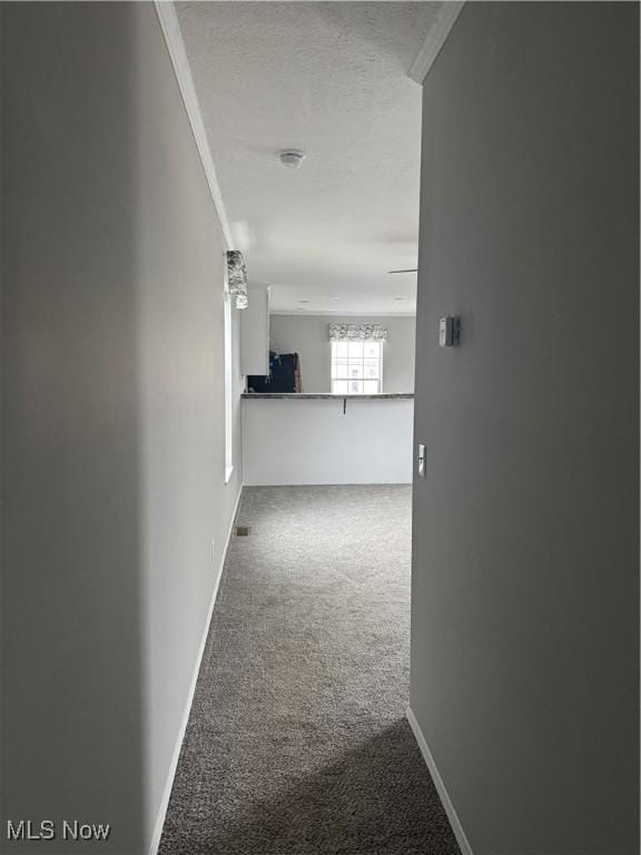 hallway with a textured ceiling and carpet