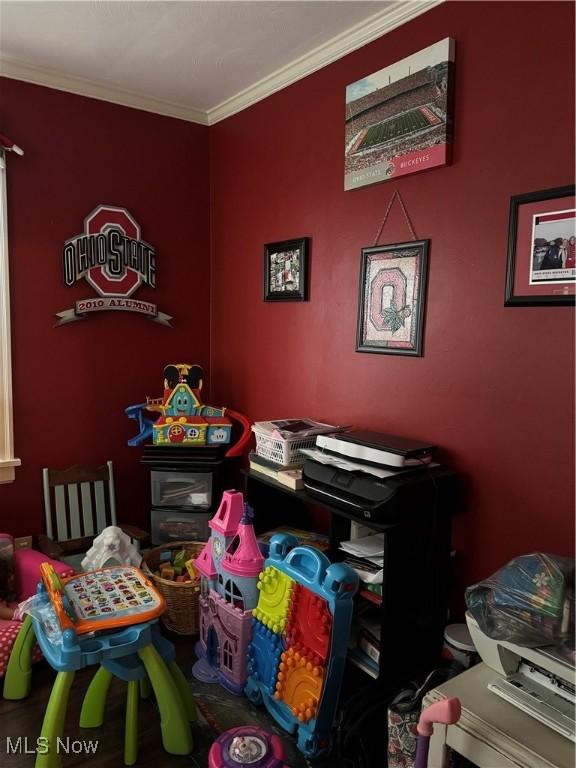 game room with crown molding