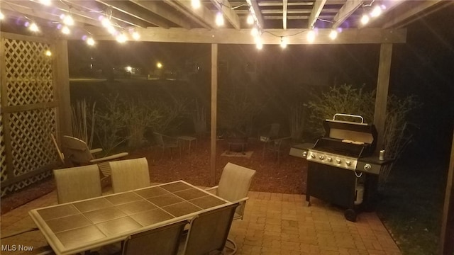 patio at twilight with a grill and a pergola