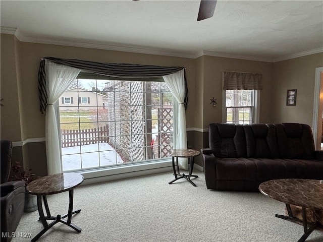 living room featuring ornamental molding and carpet flooring