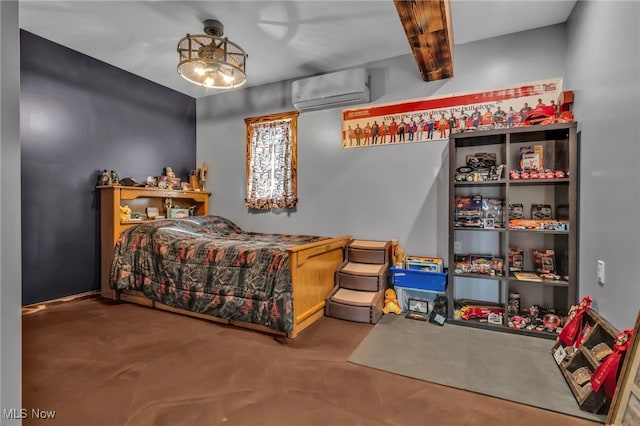 bedroom featuring a wall mounted air conditioner, beam ceiling, and concrete floors