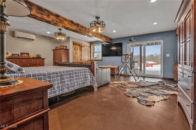 bedroom featuring access to outside, a wall mounted air conditioner, and beam ceiling