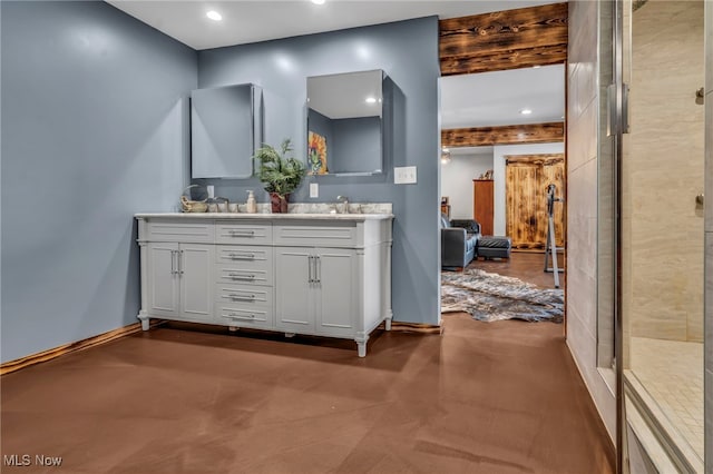 bathroom featuring vanity, concrete floors, and walk in shower