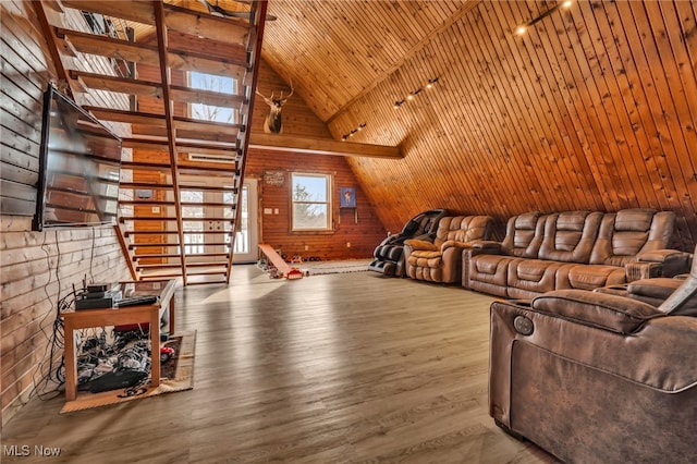 interior space with hardwood / wood-style floors, wooden ceiling, high vaulted ceiling, and wood walls