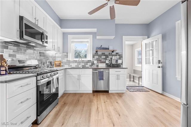 kitchen with sink, appliances with stainless steel finishes, white cabinetry, decorative backsplash, and light wood-type flooring