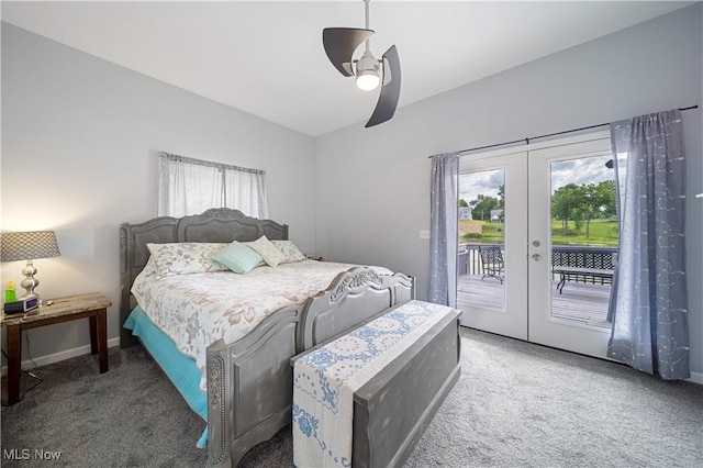 carpeted bedroom featuring access to outside, ceiling fan, and french doors