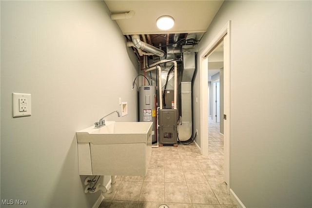 utility room featuring sink, electric water heater, and heating unit