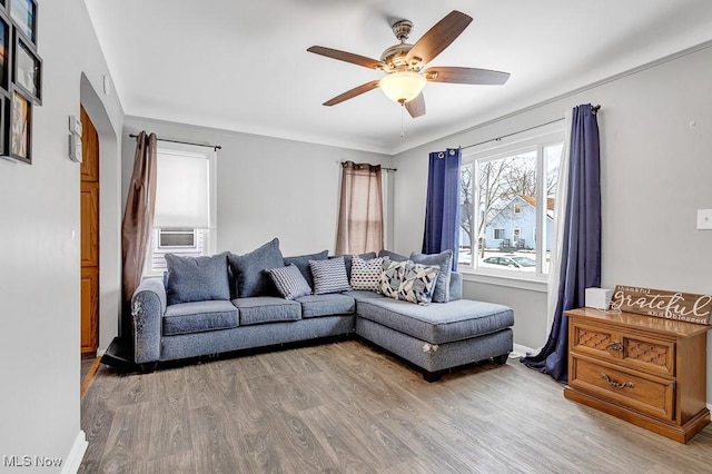 living room featuring ceiling fan and wood-type flooring