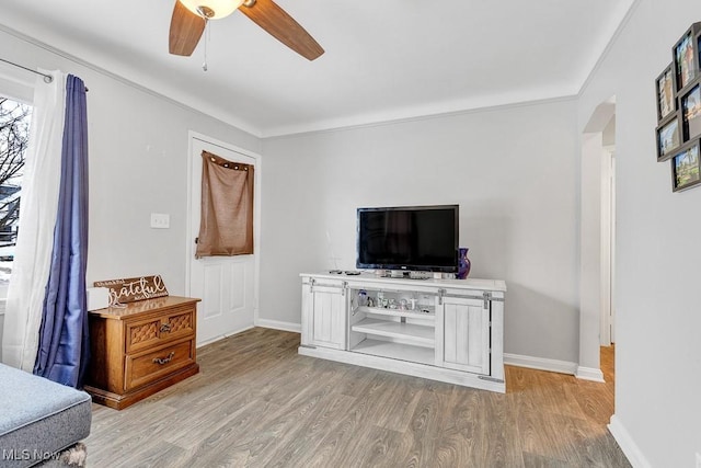 living room with light hardwood / wood-style floors and ceiling fan