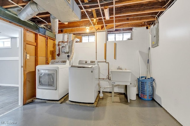 laundry area with electric panel and washer and dryer