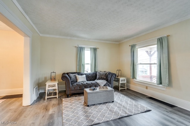 living room with hardwood / wood-style flooring, ornamental molding, and a textured ceiling