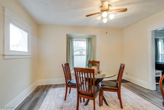 dining area featuring dark wood-type flooring, a wealth of natural light, and ceiling fan