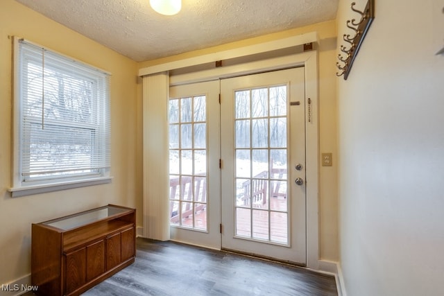 doorway to outside featuring a textured ceiling, wood-type flooring, and a healthy amount of sunlight