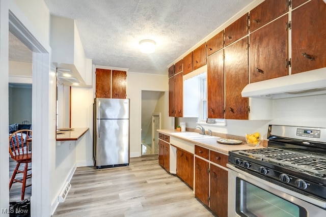 kitchen featuring sink, tasteful backsplash, a textured ceiling, light wood-type flooring, and appliances with stainless steel finishes