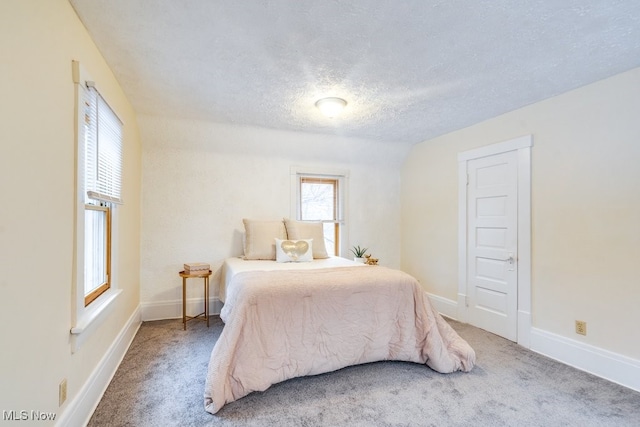 bedroom with carpet and a textured ceiling