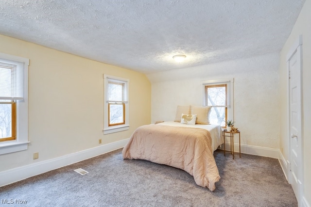 bedroom featuring carpet, multiple windows, and a textured ceiling